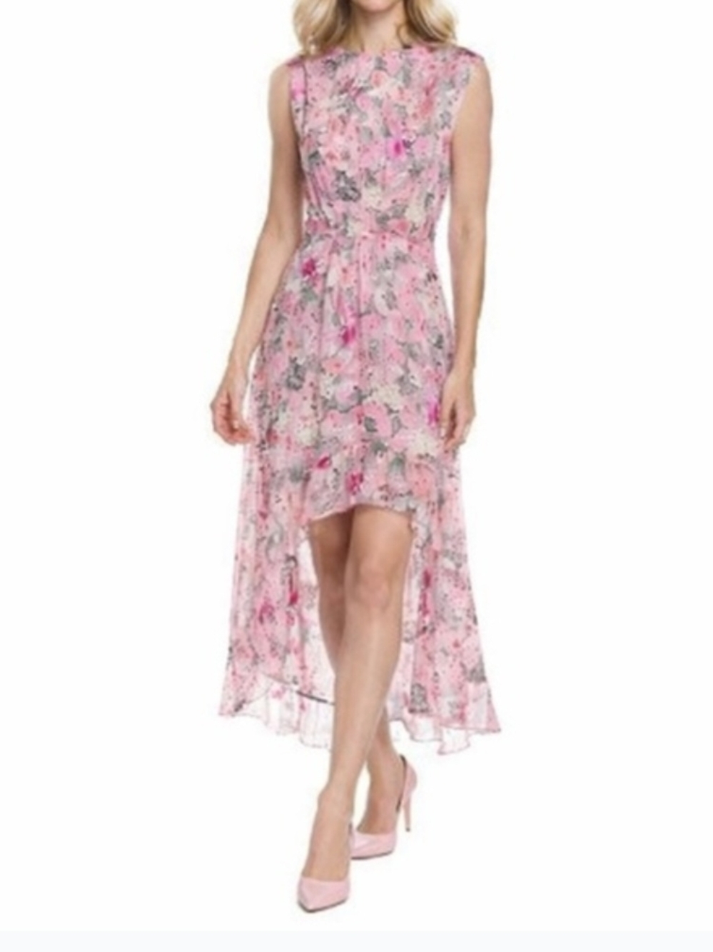 The Kooples Sleeveless Pink Metallic Floral High-Low Dress, Size Small